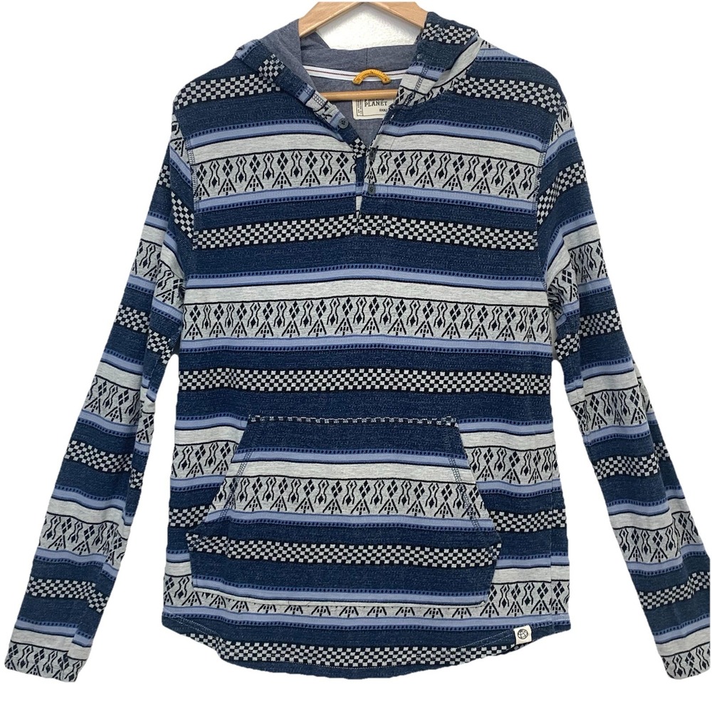Free Planet Hoodie Shirt Southwest Printed Men Small Blue Casual Travel Work